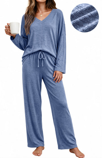 UVN Fall Womens Pajama Set 2 Piece Long Sleeve V Neck Top and Wide Leg Pant Ladies Soft Matching Lounge Set with Pockets