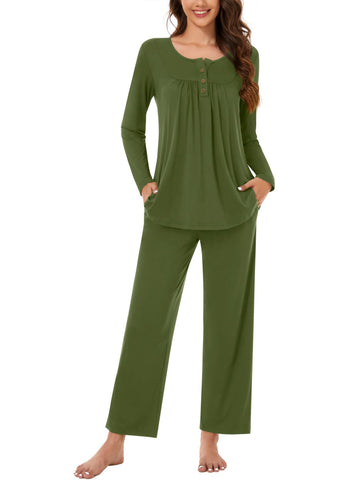 UVN Pajama Sets for Women Long Sleeve Lounge Set Ribbed Knit Sleepwear 2 Piece Pjs Soft Loungewear with Pockets