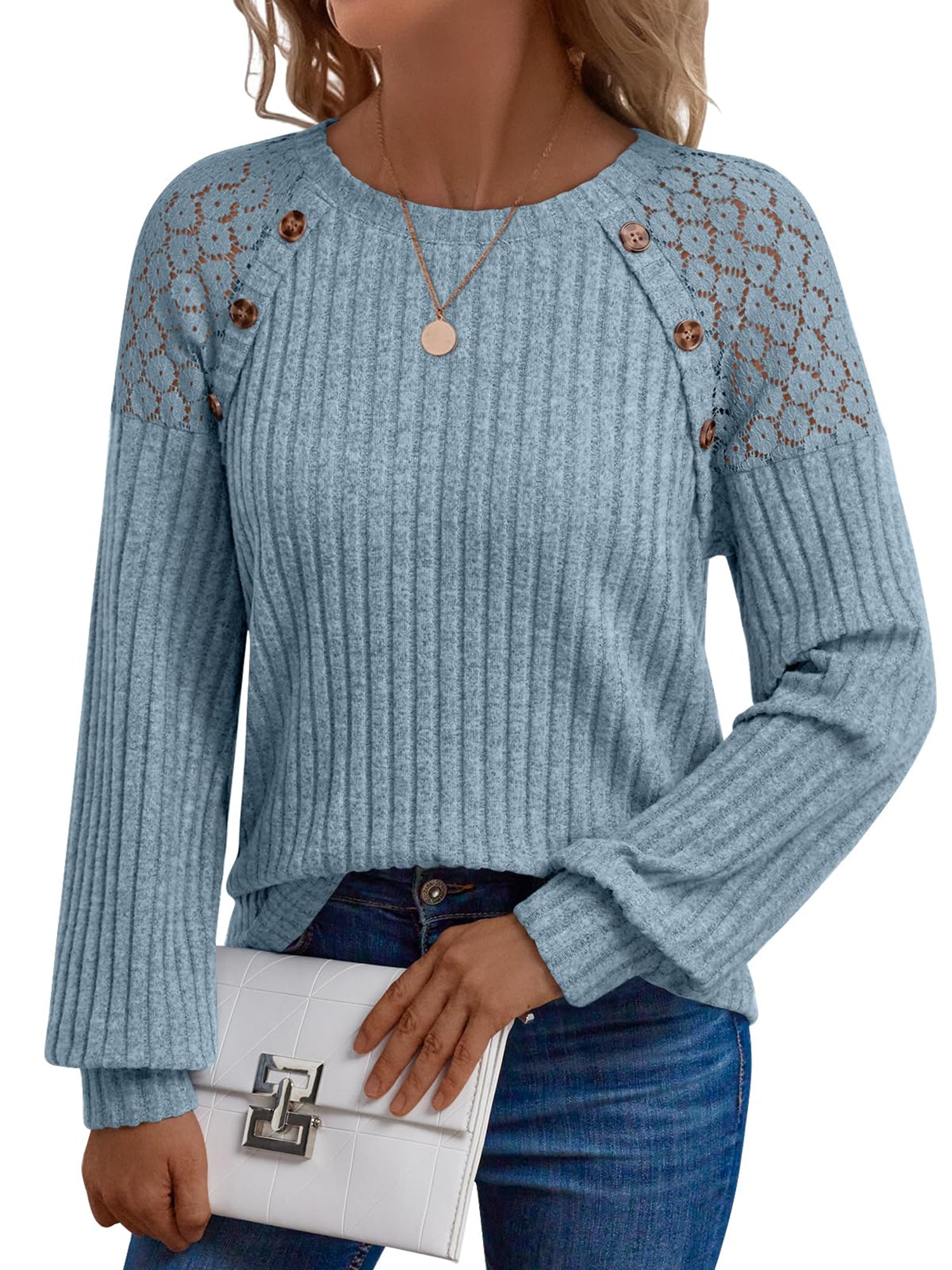 UVN Blouses for Women Casual Long Sleeve Shirts Dressy Hollow Out Lace Button Tops Fall Lightweight Pullover