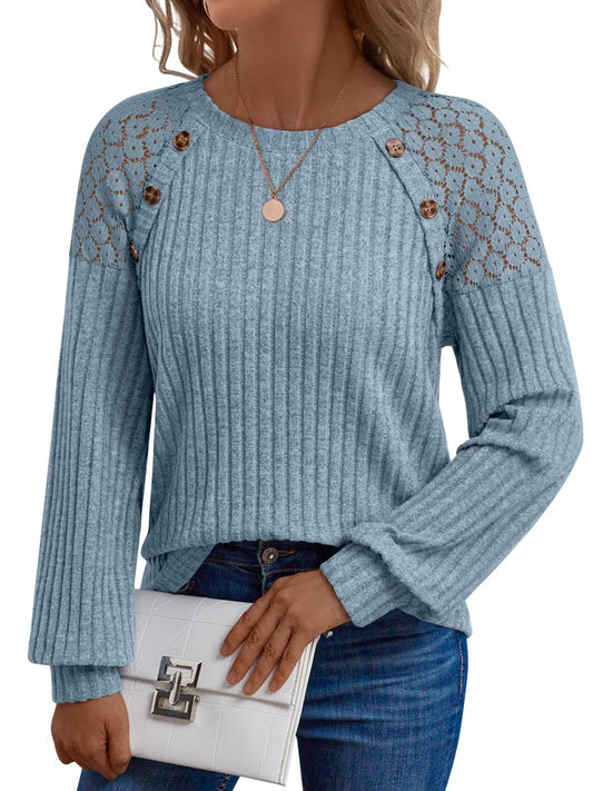 UVN Blouses for Women Casual Long Sleeve Shirts Dressy Hollow Out Lace Button Tops Fall Lightweight Pullover