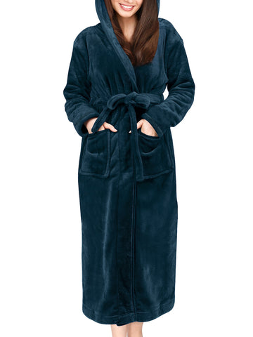 UVN Long Robes for Women Winter Plush Fleece Hooded Bathrobe Soft Cozy Fluffy Sleepwear Nightgown with Pockets