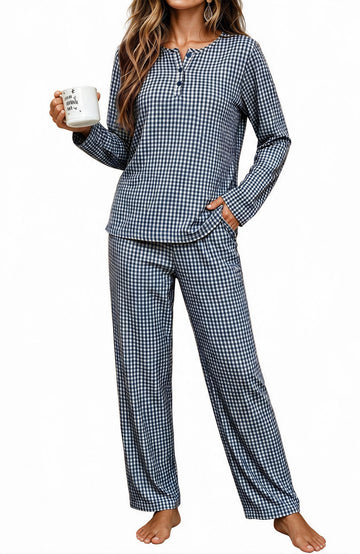 UVN Fall Cotton Two Piece Pajamas for Women Plaid Henley Collar Long Sleeve Top and Wide Leg Pant Ladies Sleepwear Casual Lounge Sets