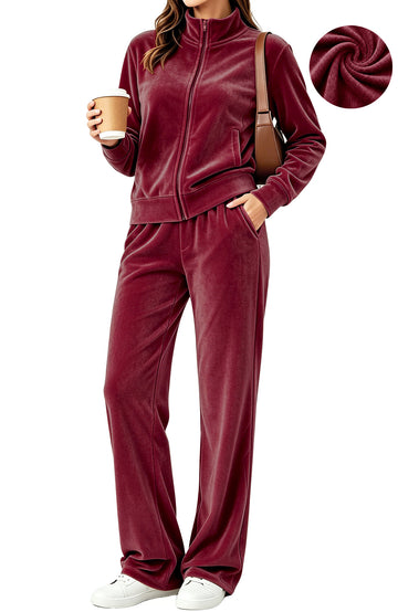UVN Velour Outfit Set for Women 2 Piece Lounge Sets Casual Full Zip Top and Wide Leg Pants Ladies Fall Tracksuit with Pocket
