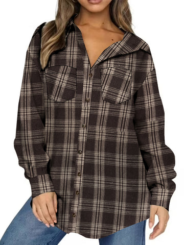 UVN Plaid Shirt for Women Oversized Flannel Long Sleeve Shirts Casual Button Down Blouse Tops with Pockets