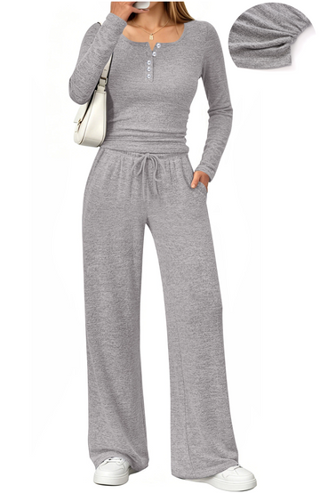 UVN Two Piece Sets for Women Fall Long Sleeve Ruched Tops and Wide Leg Pants Outfits Ladies Fashion Casual Lounge Sets