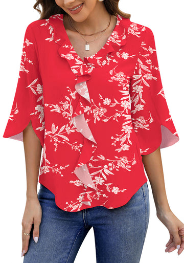 UVN Chiffon Blouses for Women Dressy Ruffle V Neck Tops Summer Casual 3/4 Sleeve Shirts