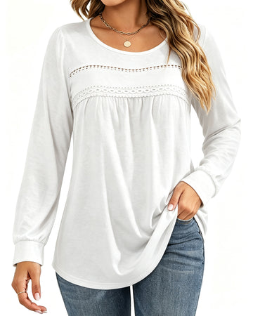 UVN Blouses for Women Long Sleeve Crochet Ladies Lace Shirts Crew Neck Dressy Casual Tops