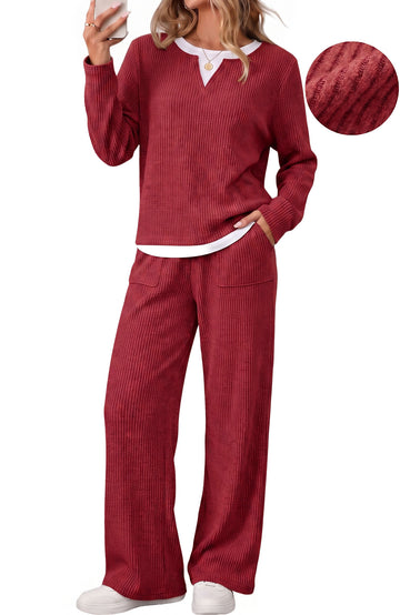UVN Fall Matching Set for Women Color Block Tops and Wide Leg Pants Ladies Sweatsuit Casual 2 Peice Set