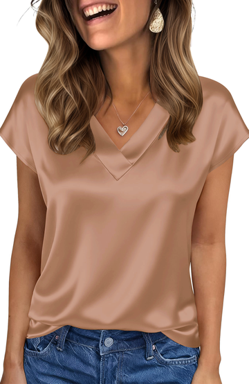 UVN Women Tops Summer Cap Short Sleeve Blouses Ladies V Neck Silk Satin Business Casual Shirts