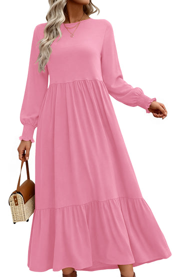 UVN Fall Long Dress for Women Crewneck Casual Long Sleeve Pleated Dresses with Pockets