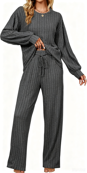 UVN Pajama Sets for Women Long Sleeve Lounge Set Ribbed Knit Sleepwear 2 Piece Pjs Soft Loungewear with Pockets
