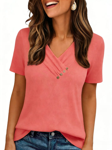 UVN Blouses for Women Summer Short Sleeve V Neck Button Shirts Dressy Casual Business Tunic Tops