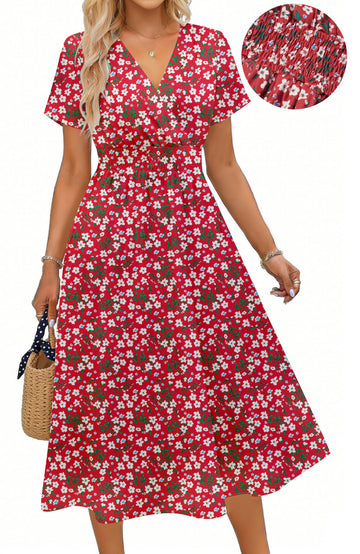 UVN Women Summer Dresses Short Sleeve V Neck A-Line Midi Dress Ladies Boho Beach Floral Print Sundress