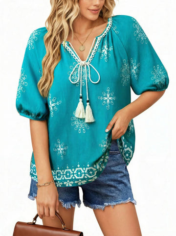 UVN Summer Tops for Women Short Sleeve V Neck Boho Casual Blouses Ladies Floral Print Tie Front Flowy Shirts