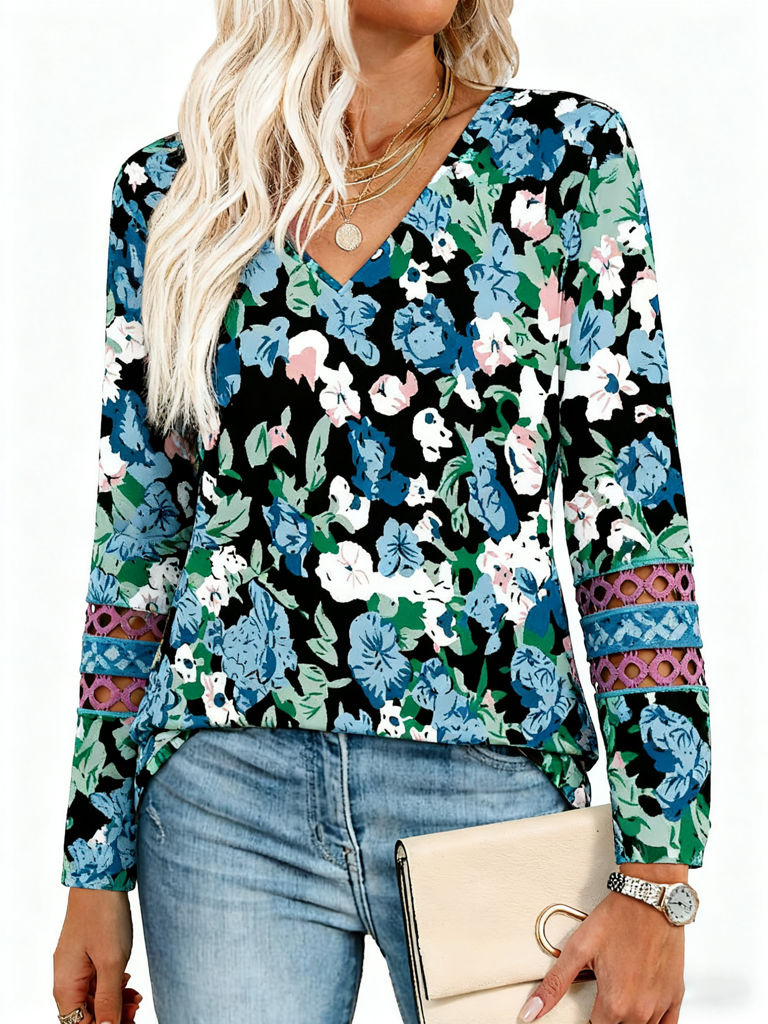 UVN Fall Blouses for Women Long Sleeve V Neck Tunic Tops Casual Hollow Out Curved Hem Dressy Shirts