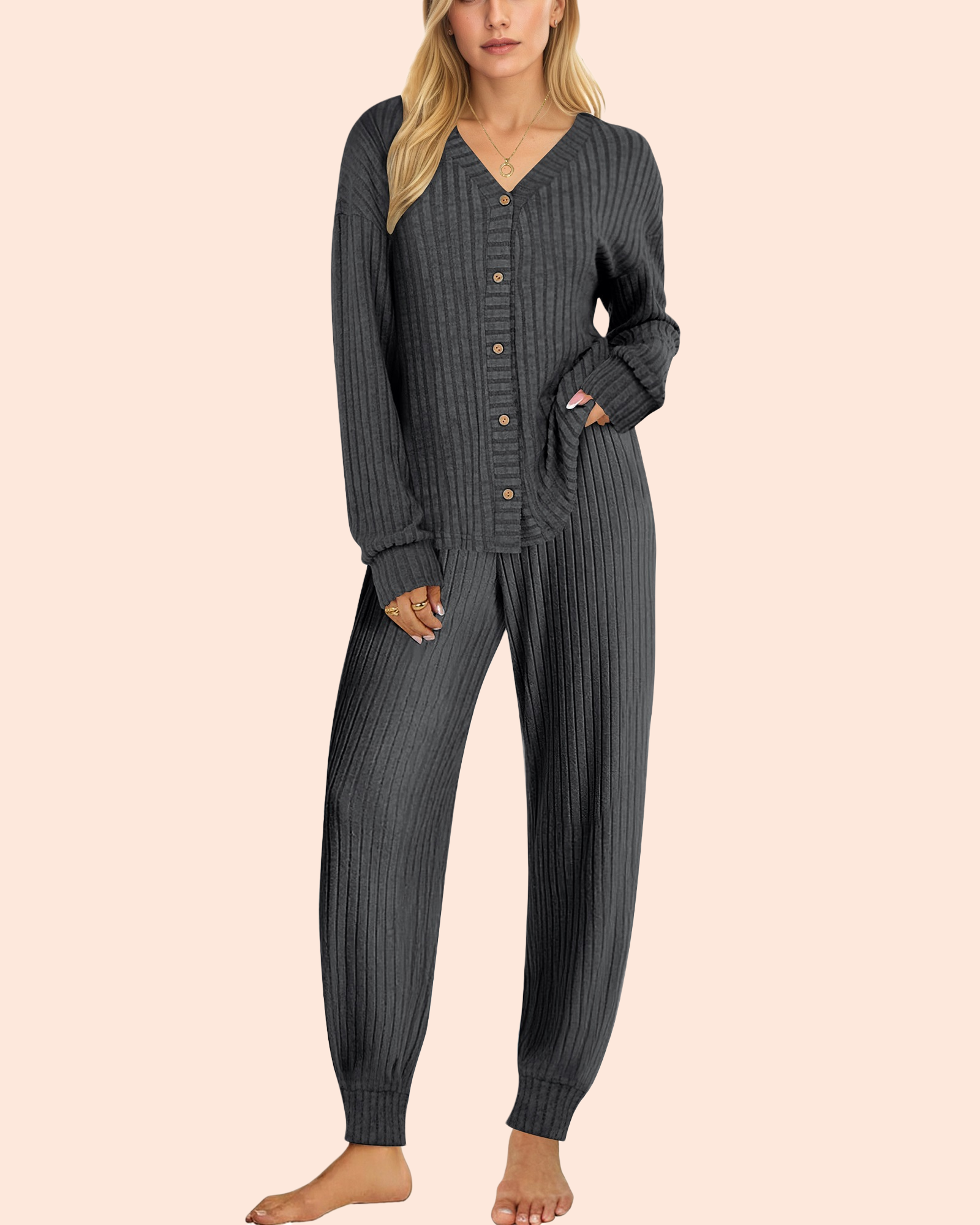UVN Pajamas Sets for Women Long Sleeve Button Down Tops and Pants 2 Piece Outfit Fall Sleepwear Pjs Lounge Sets with Pockets