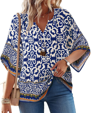 UVN Womens Summer Blouses Bohemian 3/4 Bell Sleeve Shirts for Women V Neck Flowy Casual Pleated Tops