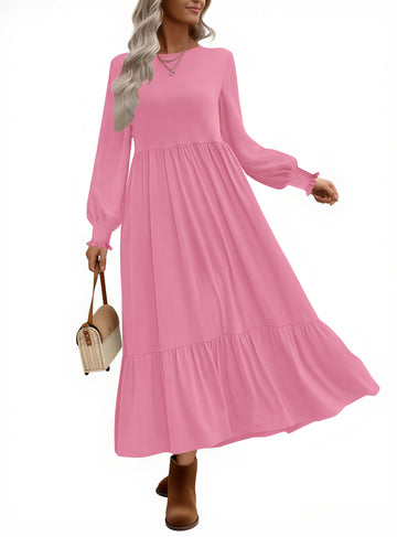 UVN Fall Long Dress for Women Crewneck Casual Long Sleeve Pleated Dresses with Pockets