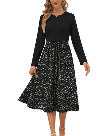 UVN Fall Dresses for Women Long Sleeve Crewneck Ribbed Casual Dress Ladies Floral Print Midi Dresses with Pockets