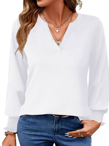 UVN Womens Fall Blouses Long Sleeve V neck Shirts Dressy Casual Smocked Cuffs Tunic Tops