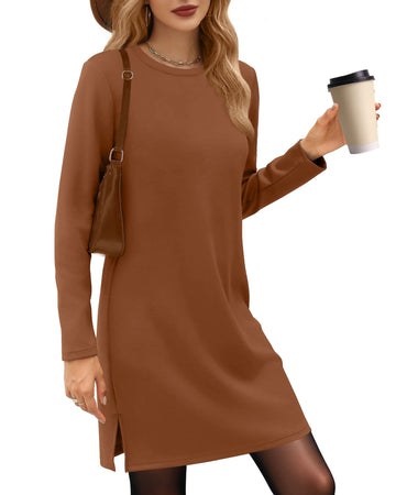 UVN Dresses for Women Fall Winter Long Sleeve Crewneck Casual Pullover Sweatshirt Dress with Side Split