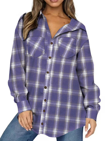 UVN Plaid Shirt for Women Oversized Flannel Long Sleeve Shirts Casual Button Down Blouse Tops with Pockets