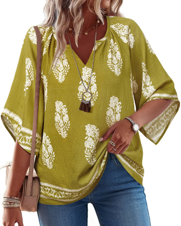 UVN Womens Summer Blouses Bohemian 3/4 Bell Sleeve Shirts for Women V Neck Flowy Casual Pleated Tops