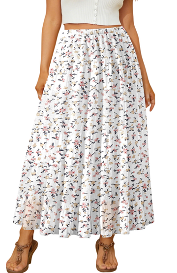 UVN Skirts for Women Summer Chiffon Pleated A-Line Long Skirt Elastic High Waist Swing Tiered Boho Beach Floral Print Maxi Skirts
