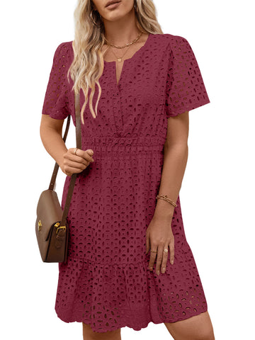 UVN Women Dress Summer Short Sleeve V Neck Dress Ladies Caual A Line Hollow Out Lace Beach Dresses