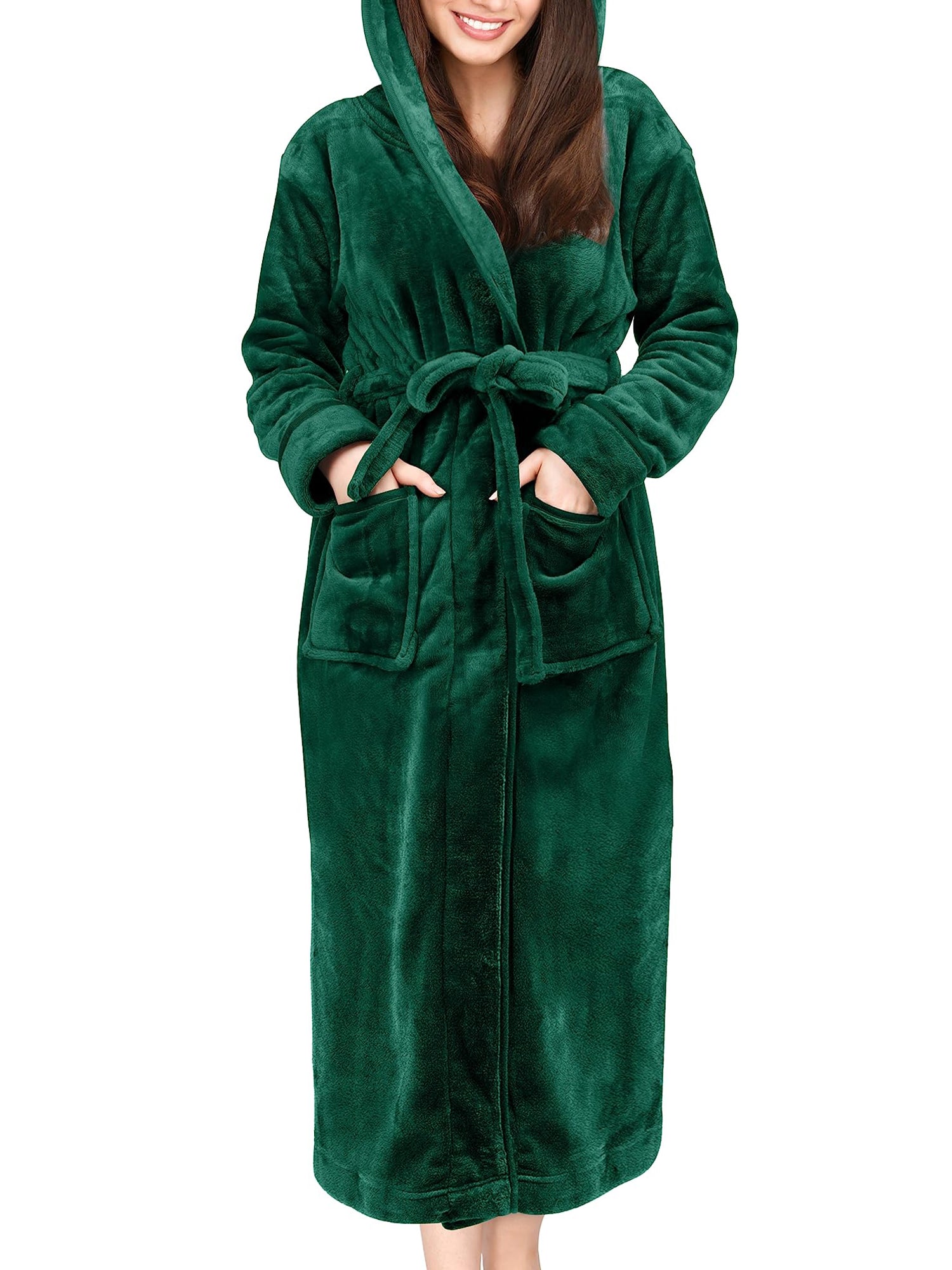 UVN Long Robes for Women Winter Plush Fleece Hooded Bathrobe Soft Cozy Fluffy Sleepwear Nightgown with Pockets