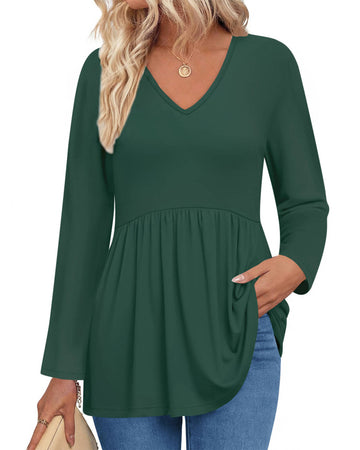 UVN Fall Blouses for Women Long Sleeve V Neck Peplum Tunic Tops Casual Babydoll Flowy T Shirts