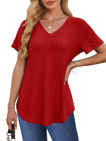 UVN Summer Blouses for Women Short Sleeves V Neck Shirts Curved Hem Loose Fit Tunic Tops
