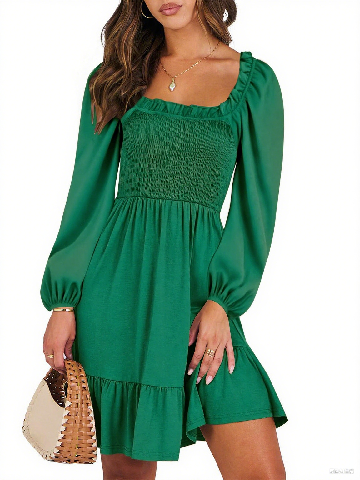 UVN Dresses for Women Casual Long Sleeve Square Neck Dress Ruffle Pleated Flowy Midi Dress