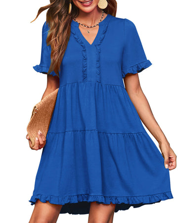 UVN Summer Dresses for Women V Neck Short Sleeve Casual A Line Dress Flowy Swing Ruffle Sundress with Pockets