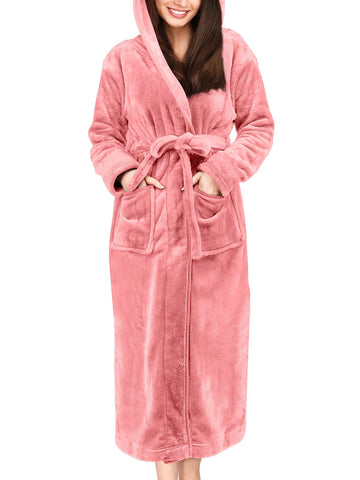 UVN Long Robes for Women Winter Plush Fleece Hooded Bathrobe Soft Cozy Fluffy Sleepwear Nightgown with Pockets