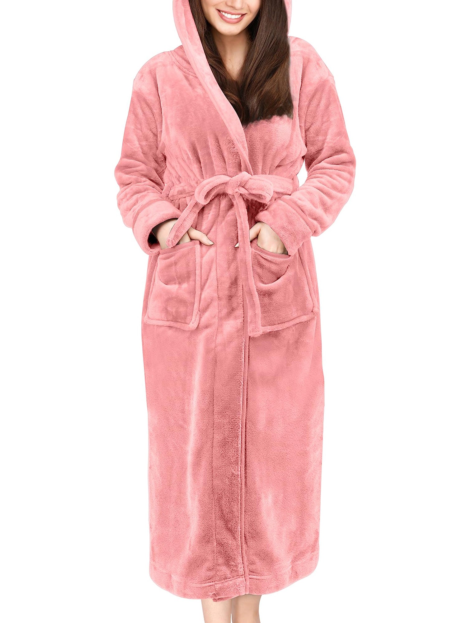 UVN Long Robes for Women Winter Plush Fleece Hooded Bathrobe Soft Cozy Fluffy Sleepwear Nightgown with Pockets