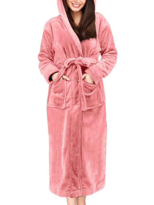 UVN Long Robes for Women Winter Plush Fleece Hooded Bathrobe Soft Cozy Fluffy Sleepwear Nightgown with Pockets