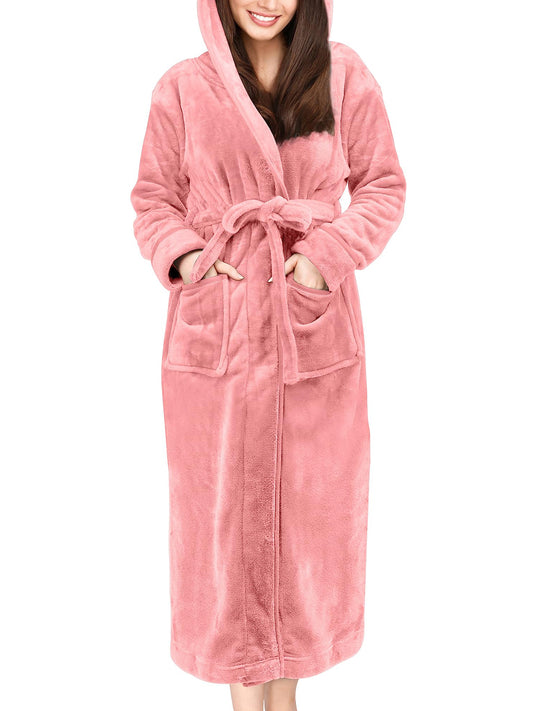 UVN Long Robes for Women Winter Plush Fleece Hooded Bathrobe Soft Cozy Fluffy Sleepwear Nightgown with Pockets