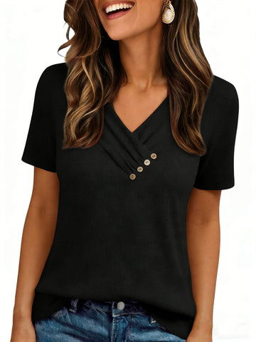 UVN Blouses for Women Summer Short Sleeve V Neck Button Shirts Dressy Casual Business Tunic Tops