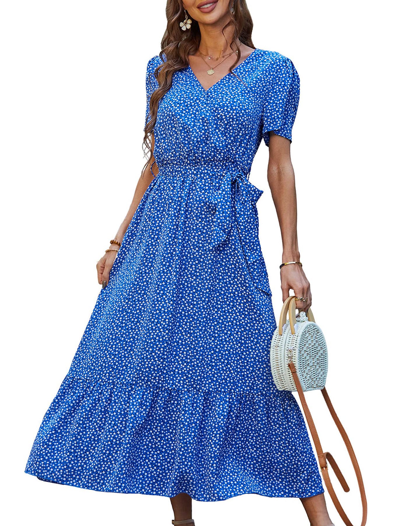 UVN Maxi Dresses for Women Boho Floral Print Dress Summer Casual Short Sleeve V Neck Beach Sundress