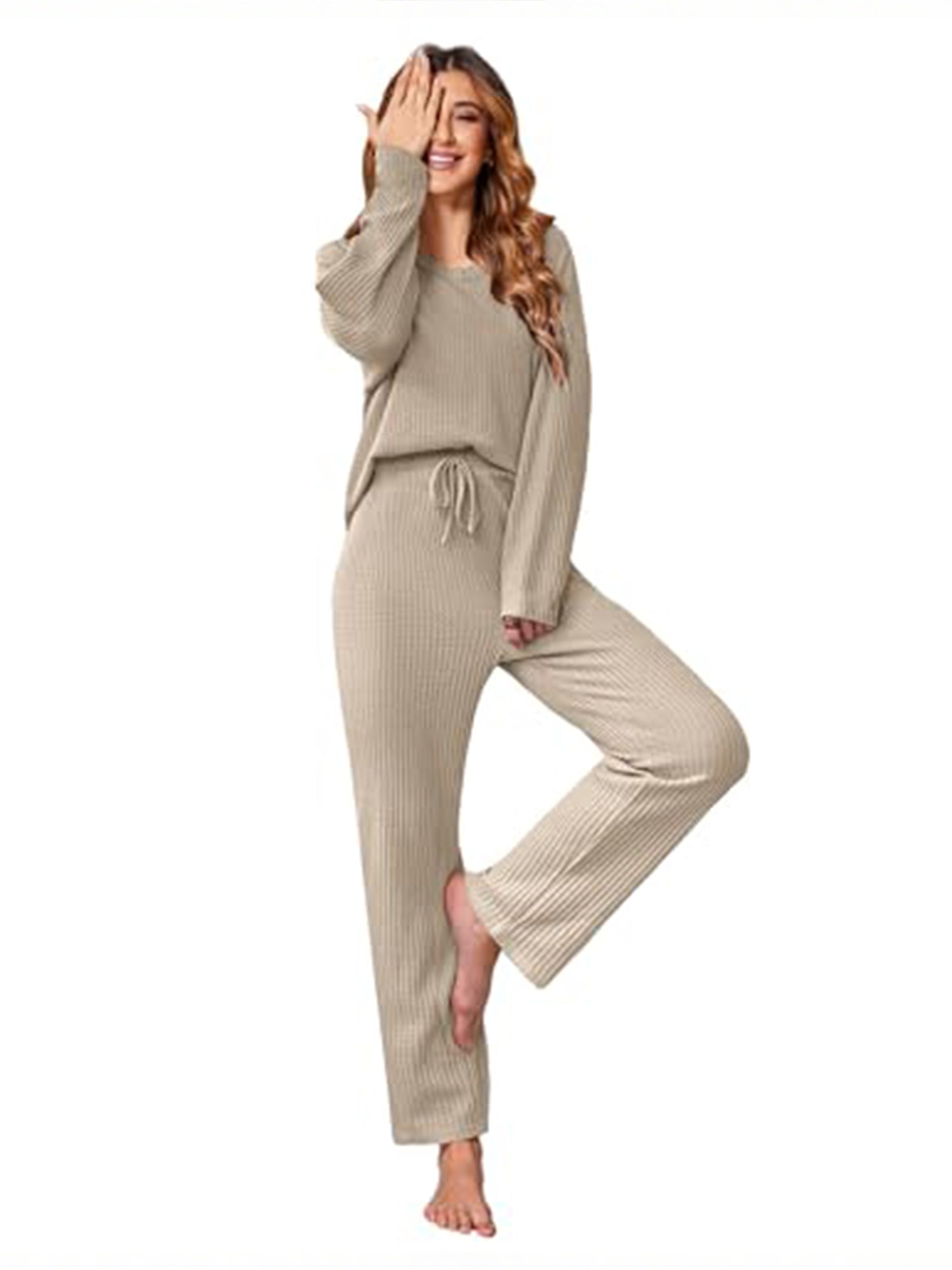 UVN Two Piece Sets for Women Casual Outfits Sets Textured Long Sleeve Shirts and Long Pants Lounge Set Fall Pajama Sets with Pockets