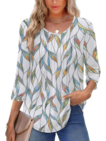 UVN Women Summer Blouses 3/4 Sleeves Loose Fit Shirts Ladies Pleated Crew Neck Tunic Tops