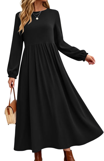 UVN Fall Long Dress for Women Crewneck Casual Long Sleeve Pleated Dresses with Pockets