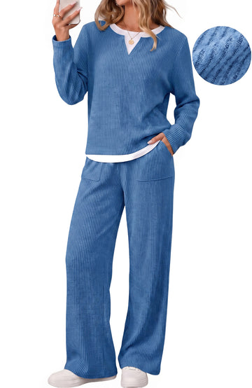 UVN Fall Matching Set for Women Color Block Tops and Wide Leg Pants Ladies Sweatsuit Casual 2 Peice Set