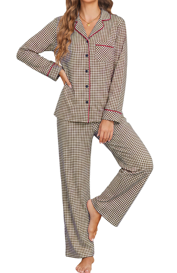 UVN Womens 2 Piece Pajama Set Fall Gingham Button up Top and Long Pant Casual Ladies Plaid Loungewear Set with Pockets
