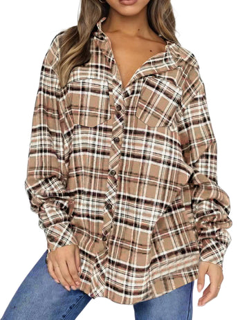 UVN Plaid Shirt for Women Oversized Flannel Long Sleeve Shirts Casual Button Down Blouse Tops with Pockets