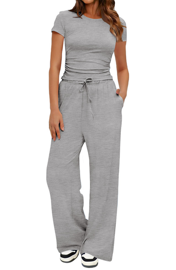 UVN Summer 2 Piece Outfit Set for Women Ruched Short Sleeve Tops and Wide Leg Pants with Pockets Casual Tracksuit Sets Ladies Loungewear