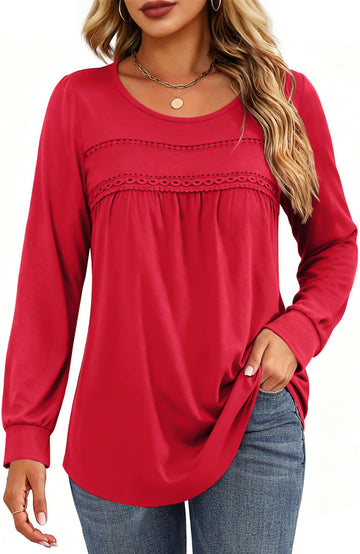 UVN Blouses for Women Long Sleeve Crochet Shirts Ladies Fall Casual Crew Neck Tunic Tops