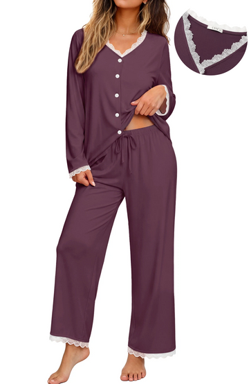 UVN Womens Pajama Sets Fall Long Sleeve Button Down Tops and Pants Two Piece Outfits Ladies Lace Sleepwear Soft Pjs Lounge Sets with Pockets