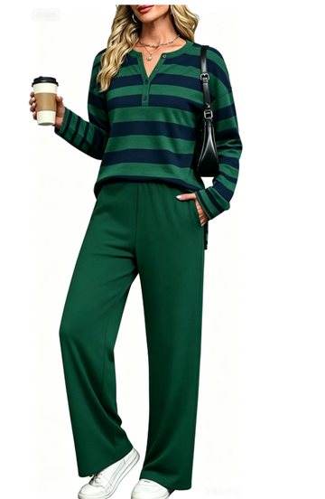 UVN Two Piece Outfits Sets for Women Casual Color Block Striped Sweatsuits Long Sleeve V Neck Button Henley Shirts Wide Leg Pants Tracksuits Travel Lounge Matching Sets with Pockets